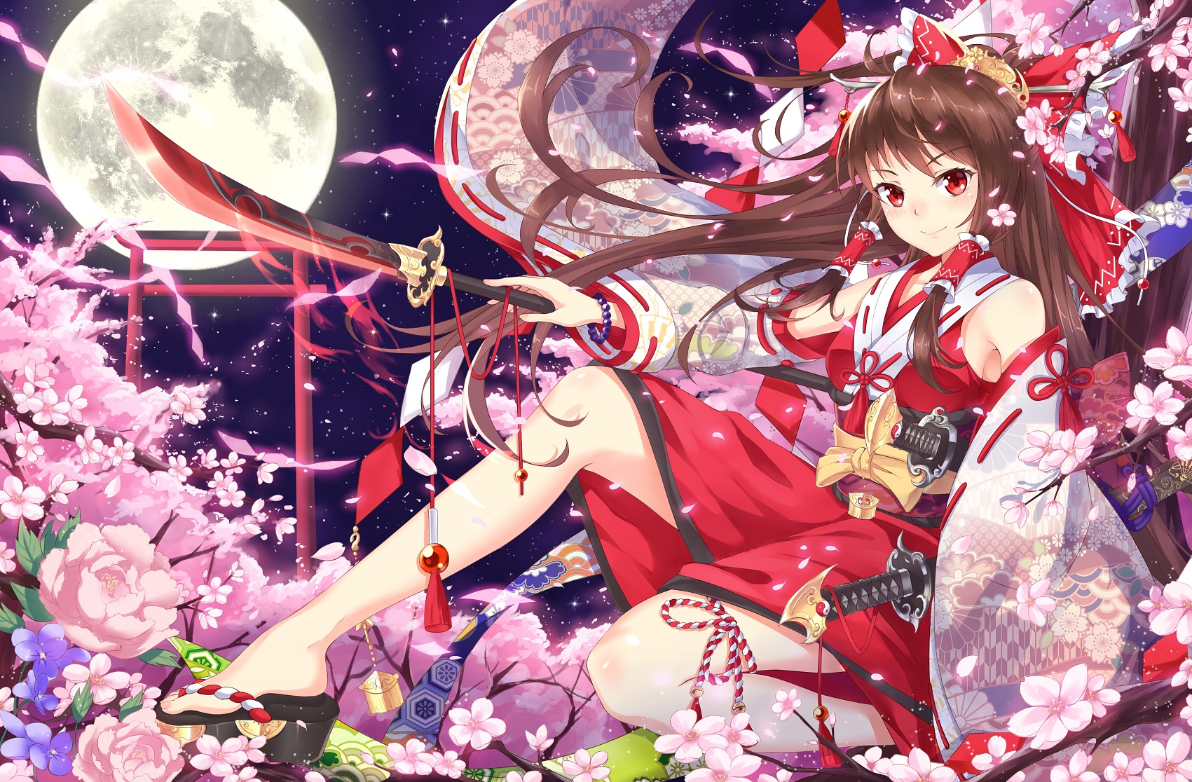 konachan-com-185781-brown_hair-cherry_blossoms-hakurei_reimu-jpeg_artifacts-katana-long_hair-miko-moon-night-pc9527-petals-red_eyes-spear-stars-sword-torii-touhou-weapon.jpg